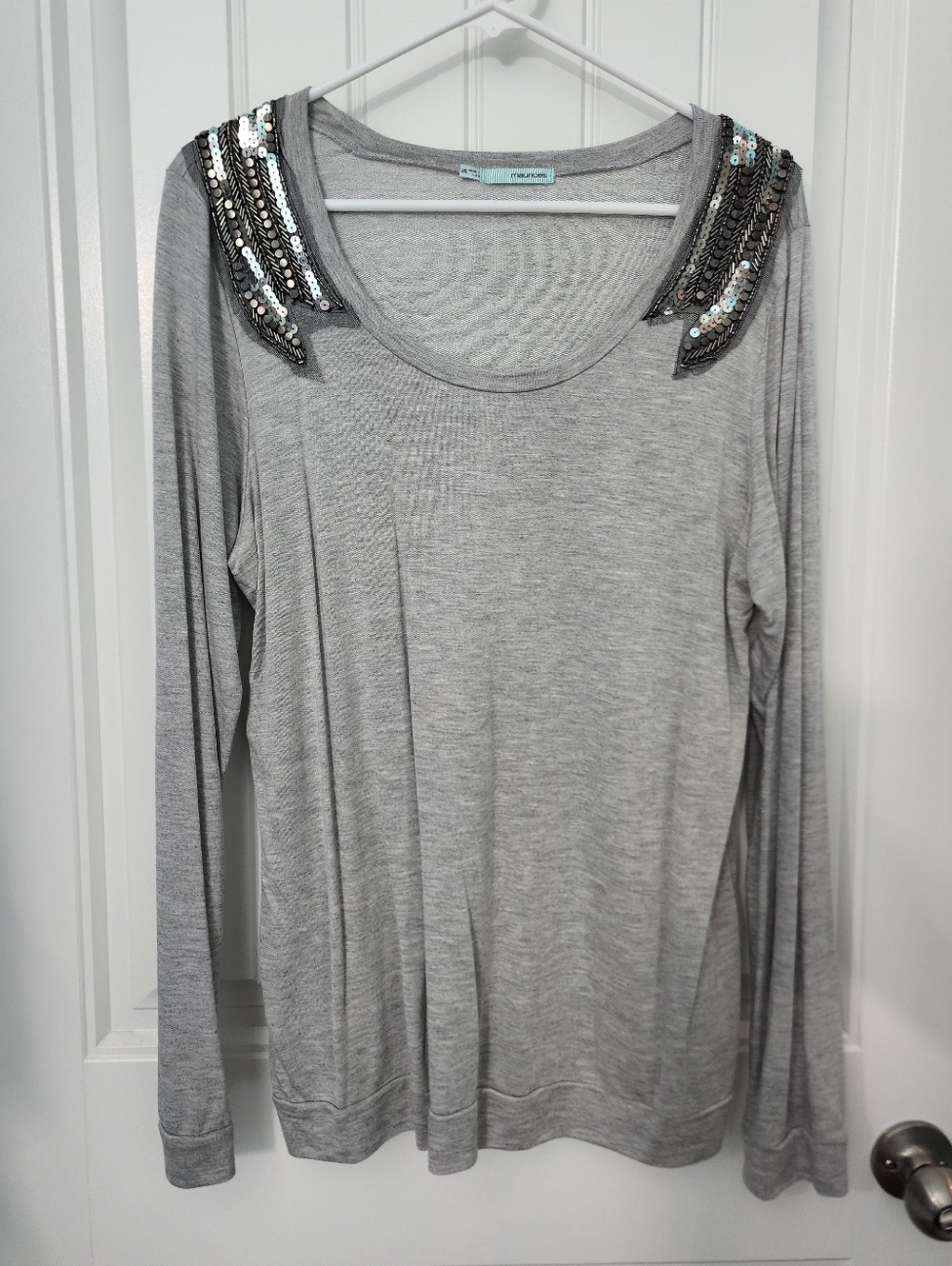 Maurices Grey Sequin Embellished Scoop Neck Long Sleeve Top, Size XXL